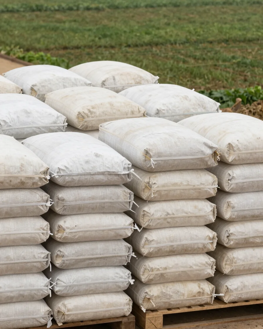 Stacked fertilizer packaging in a neat storage area, even soft daylight, orderly wide view, crisp focus, no visible text