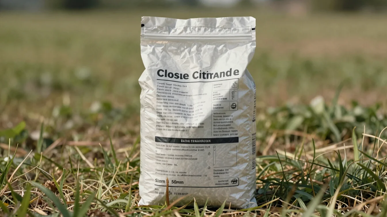 Close product detail of fertilizer packaging with batch information area, soft even daylight, crisp focus, 50mm, neutral