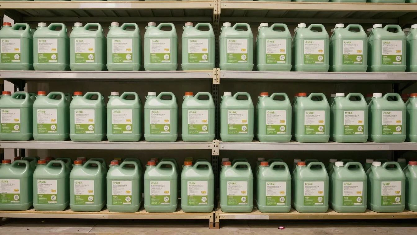 Orderly warehouse shelving with sealed agrochemical containers, soft even daylight, straightforward wide view, restraine