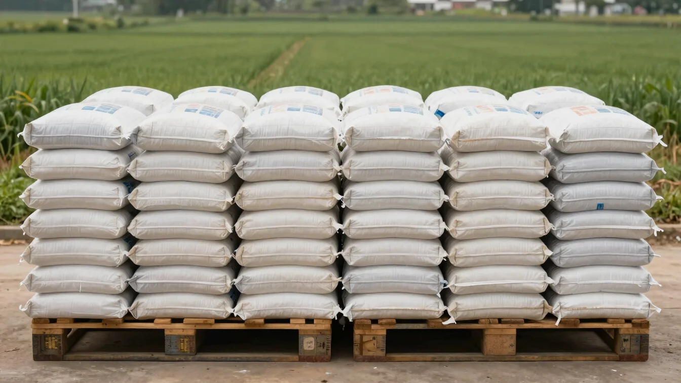 Stacked fertilizer bags ready for dispatch beside a pallet, soft even daylight, orderly wide framing, crisp focus