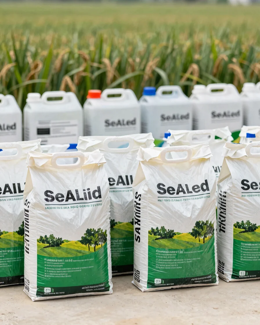 Sealed fertilizer bags and agrochemical containers arranged in an orderly row on a warm off-white surface, soft even nat